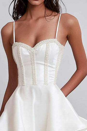 Ruffled A Line Satin White Graduation Dress